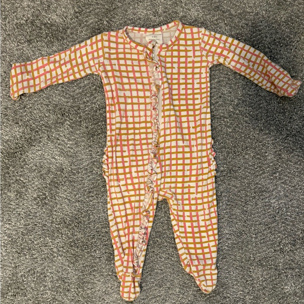 Spearmint Love Pink & Mustard Grid Baby One-Piece with Ruffles